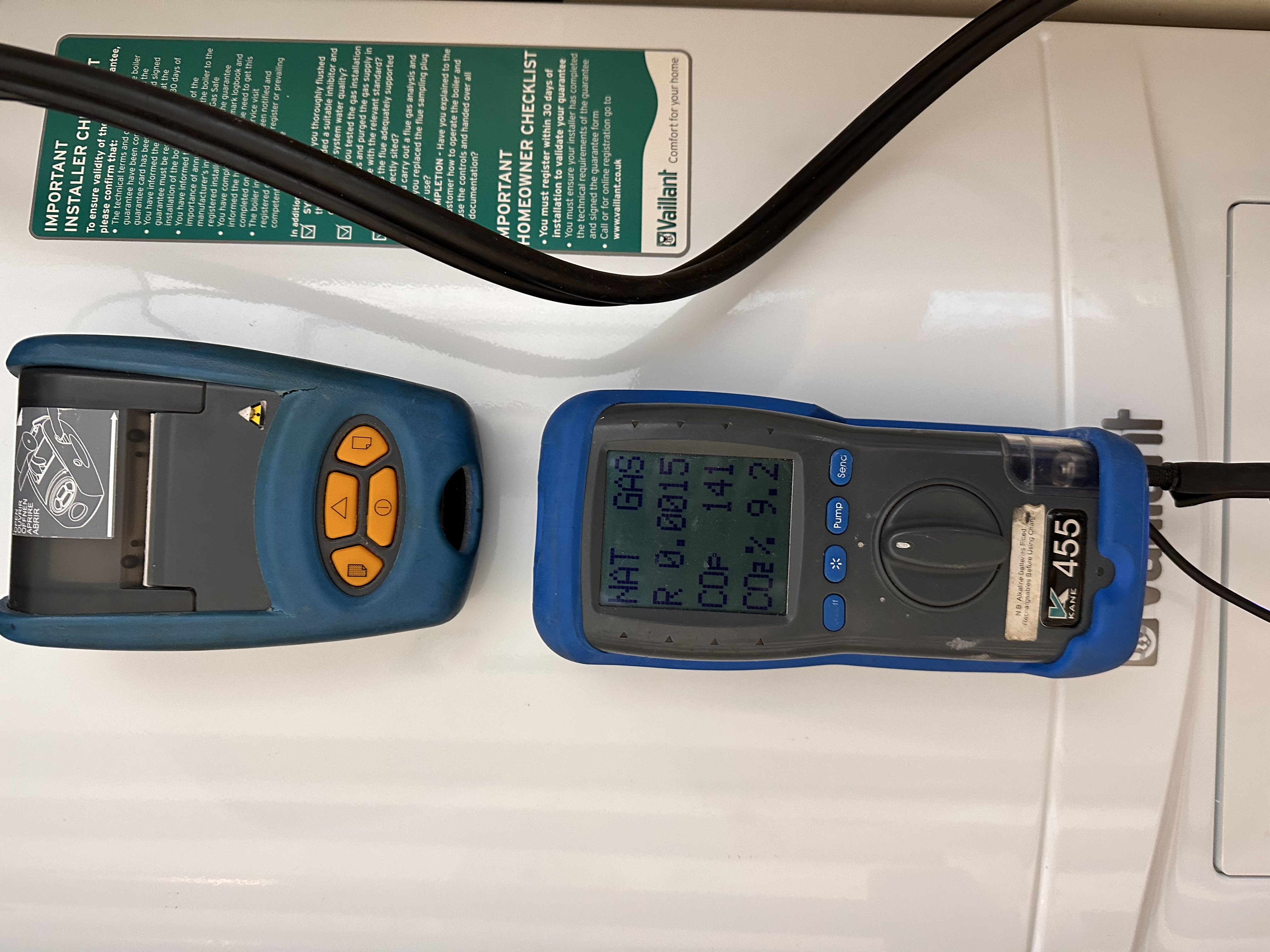 Flue gas analyser testing carried out during boiler servicing